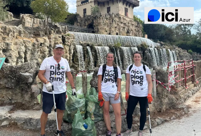 Les sportifs de Nice Plogging ramassent des déchets devant la cascade Gairaut à Nice